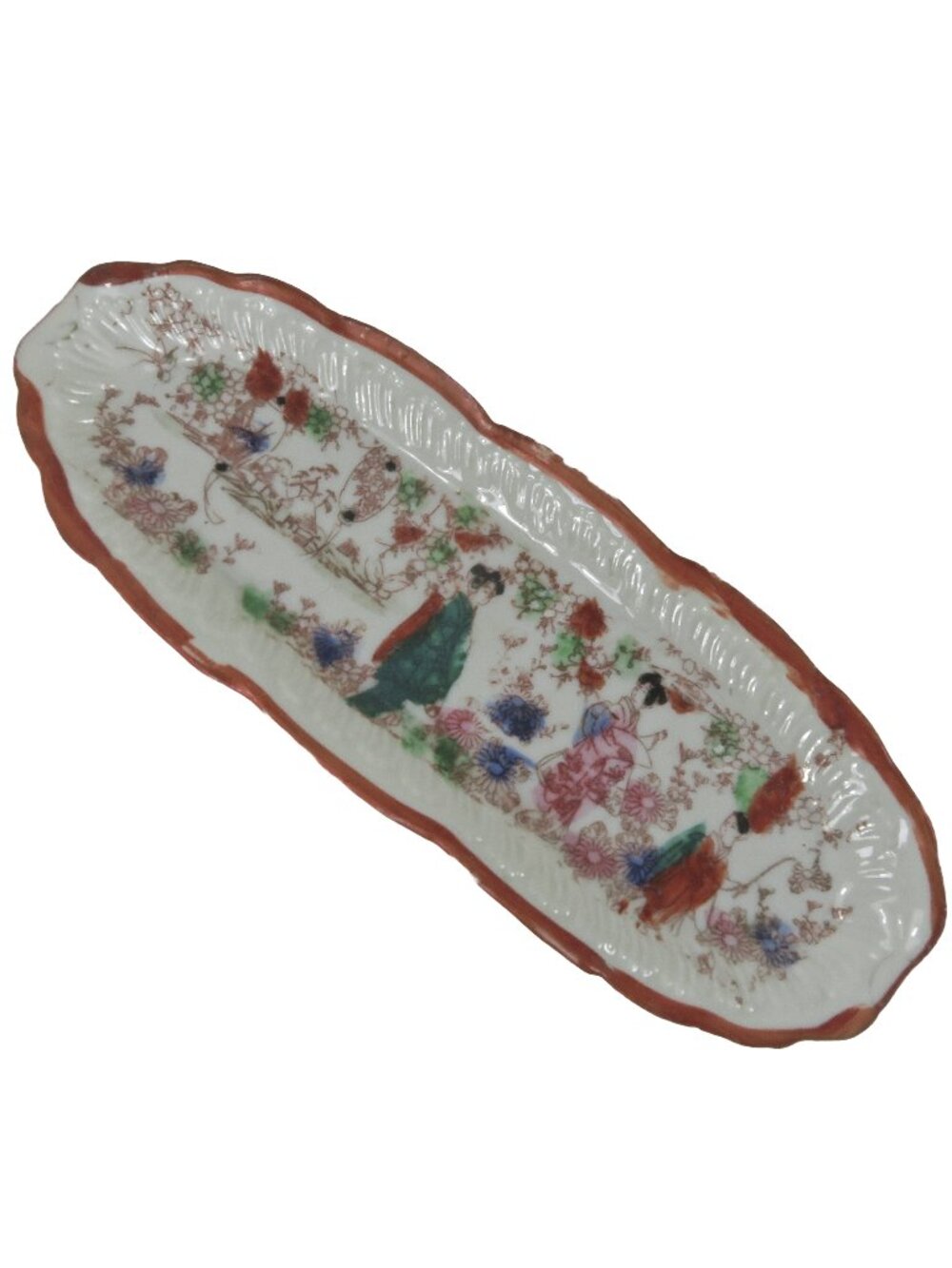 Vintage Hand Painted Japan Floral Geishas Coral Trim 9.5"L X 3.5"W Celery Dish